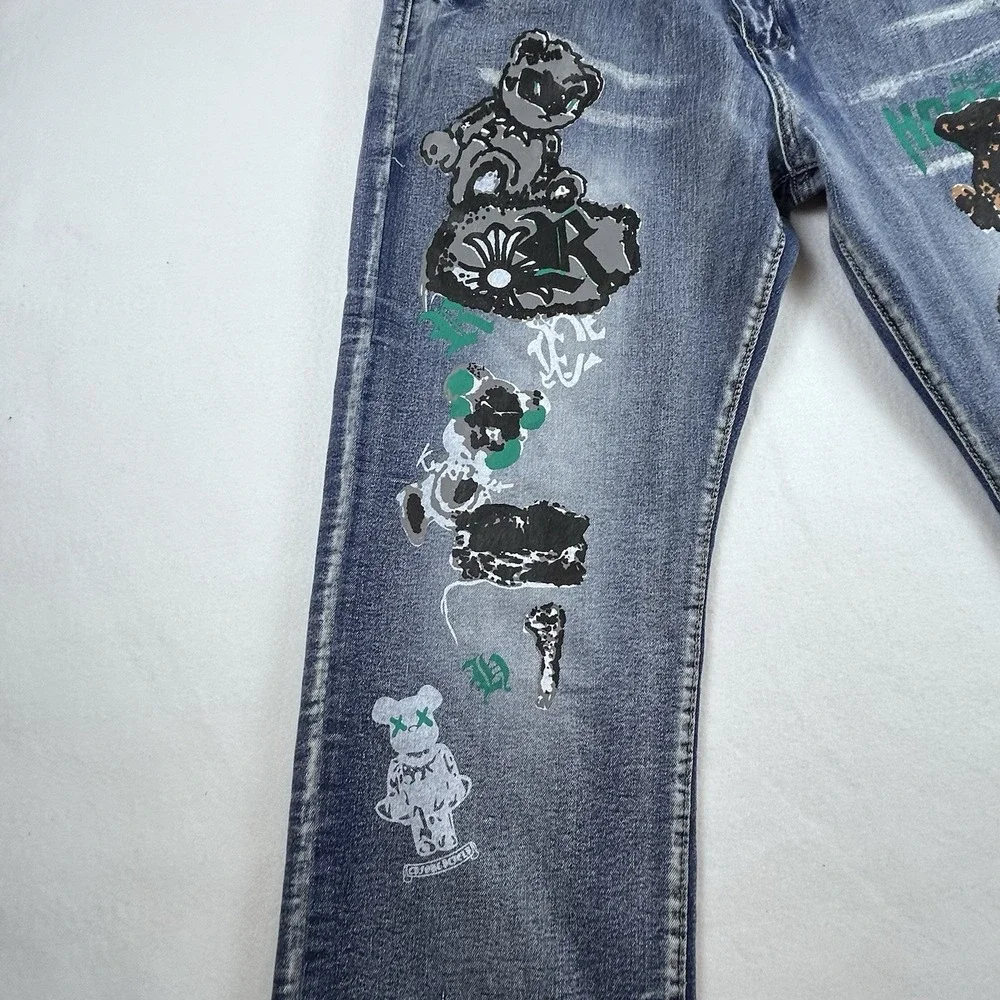 Men's Baggy Graphic Jeans 36 Teddy Bear Graffiti‎ Y2K Streetwear Wide Leg Skater